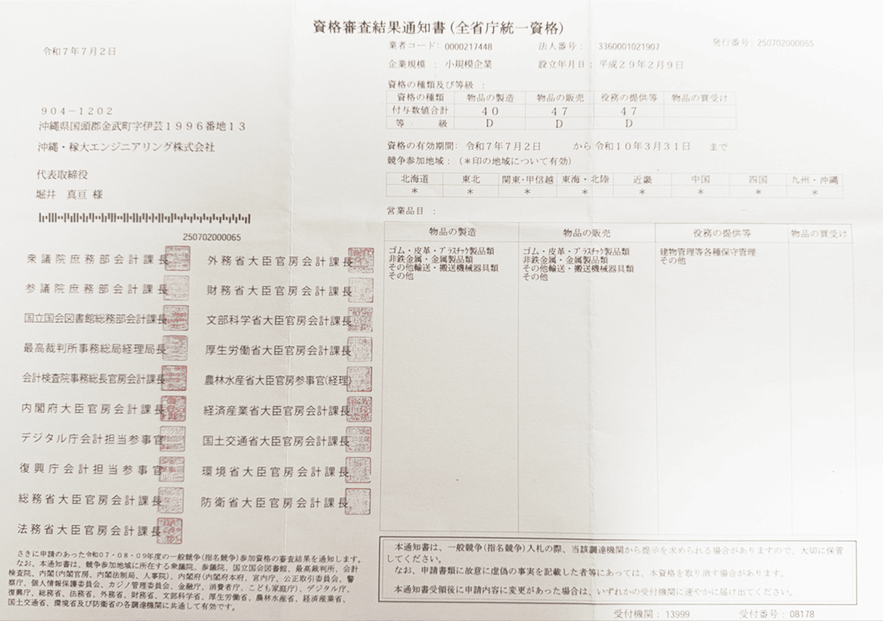カビバスターズ沖縄運営会社の全省庁統一資格
