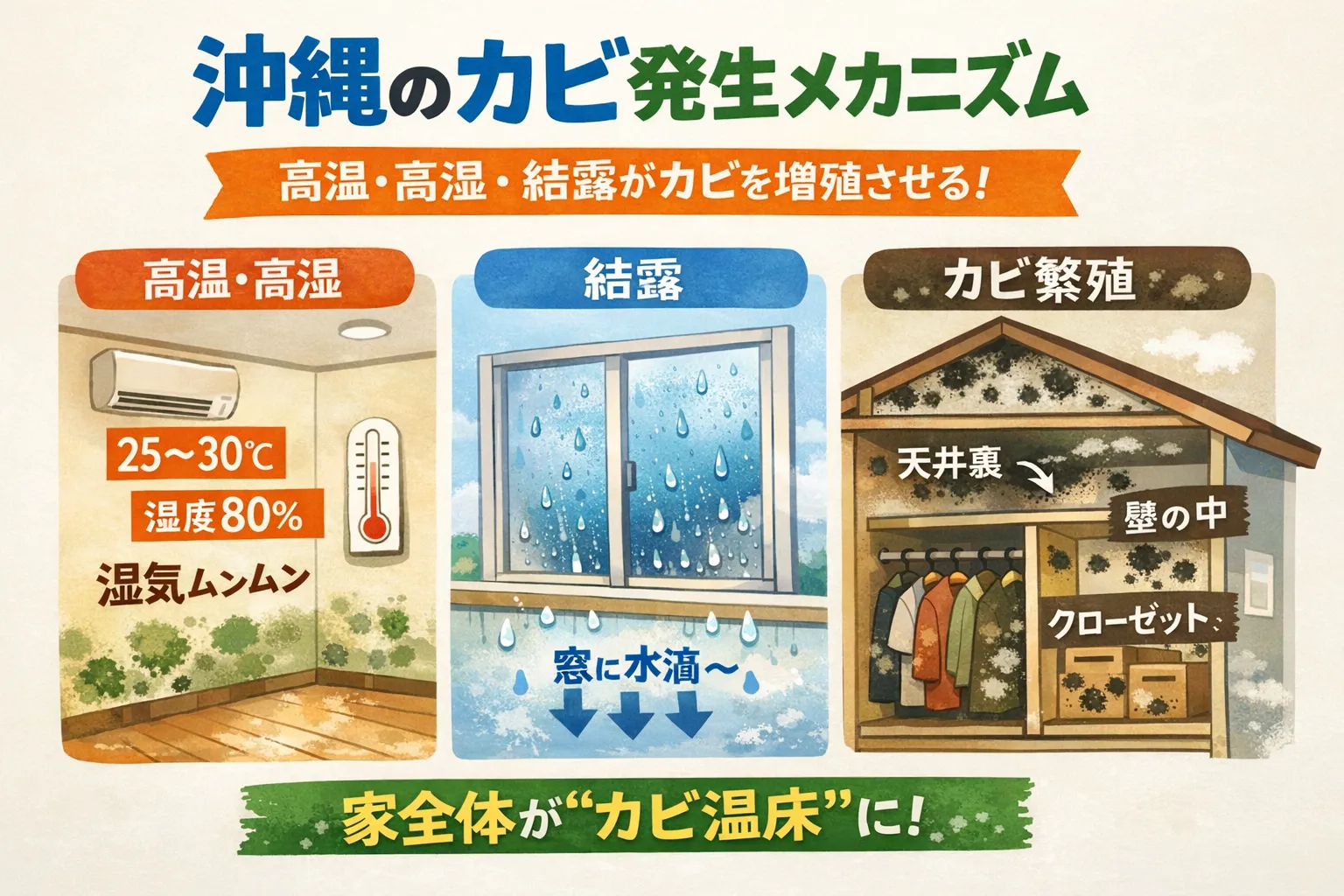 沖縄特有の高湿度環境で発生するカビのメカニズムから、住宅被害・健康リスク・プロ対策まで網羅