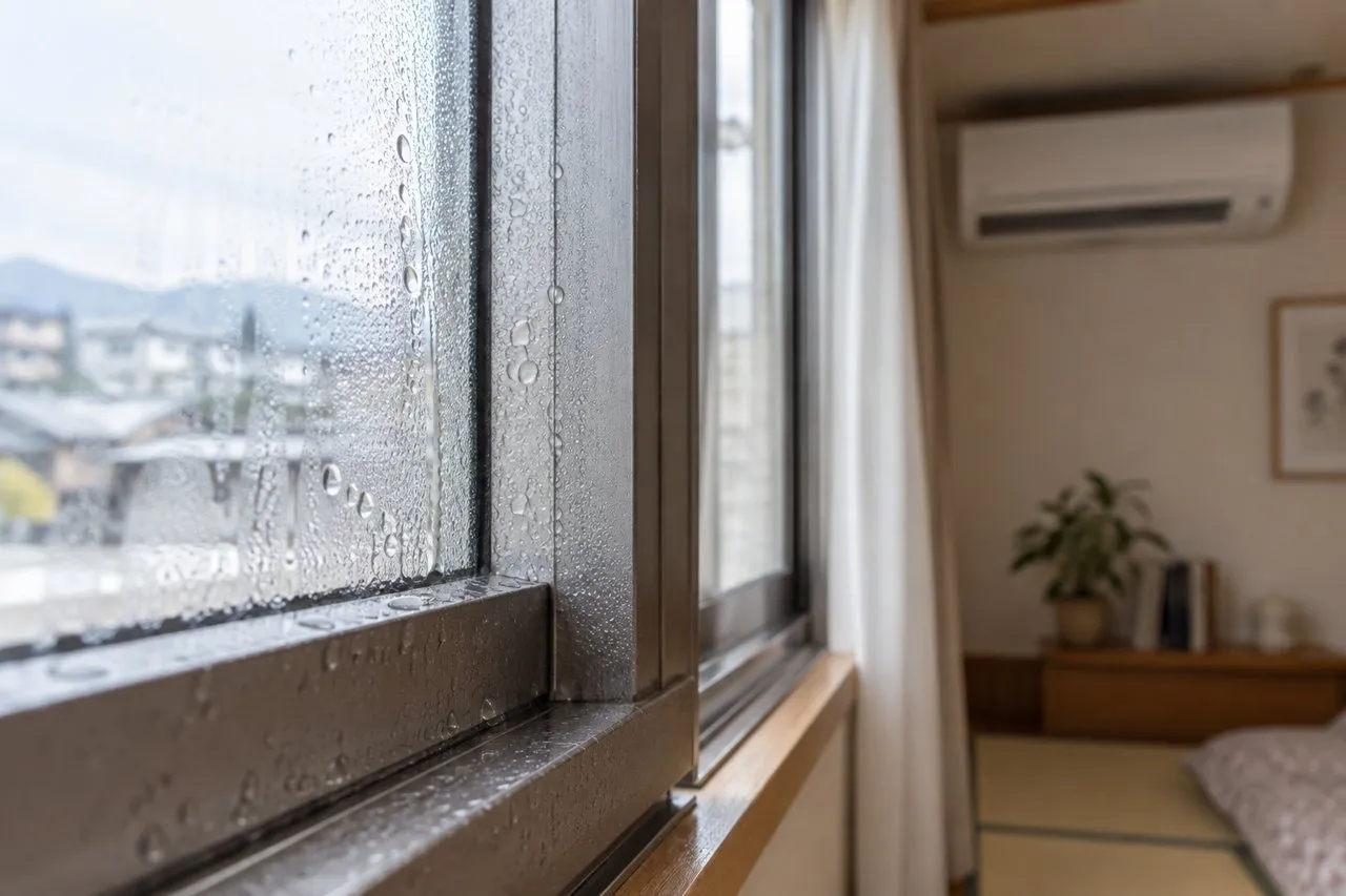 冷えた窓枠に付いた結露(AI生成)