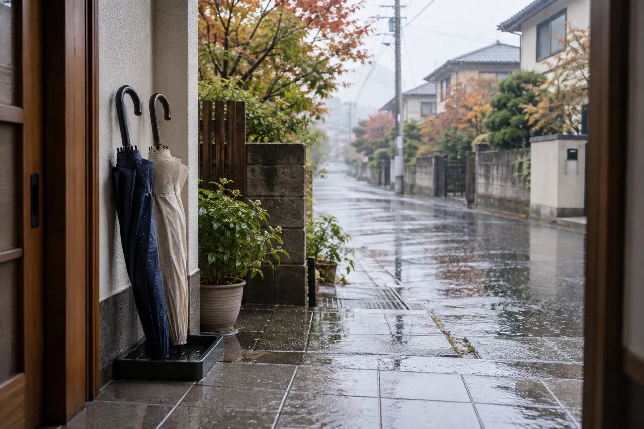 雨天の玄関と濡れた傘（AI生成）