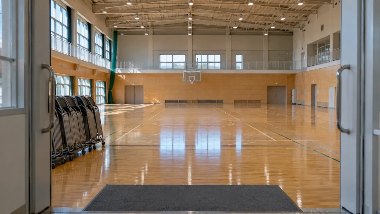 公共施設の屋内運動場の入口(AI生成)