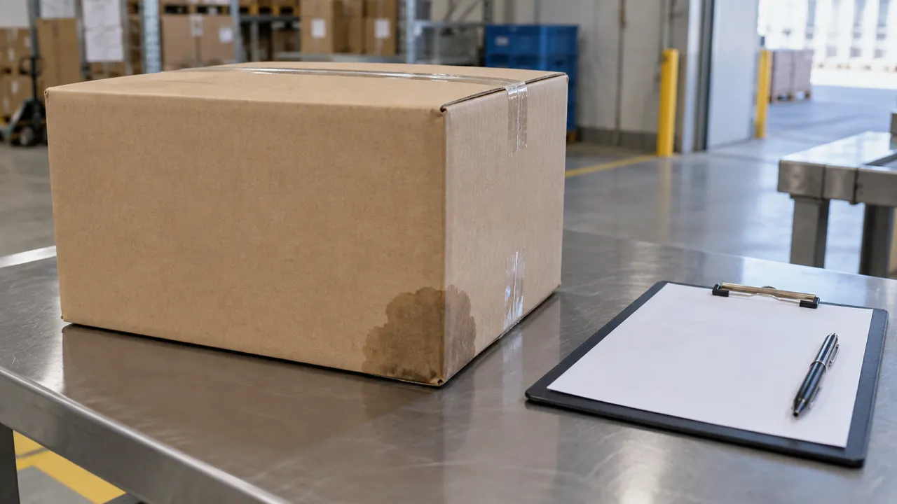 入荷時に濡れが確認された架空の梱包箱（AI生成）