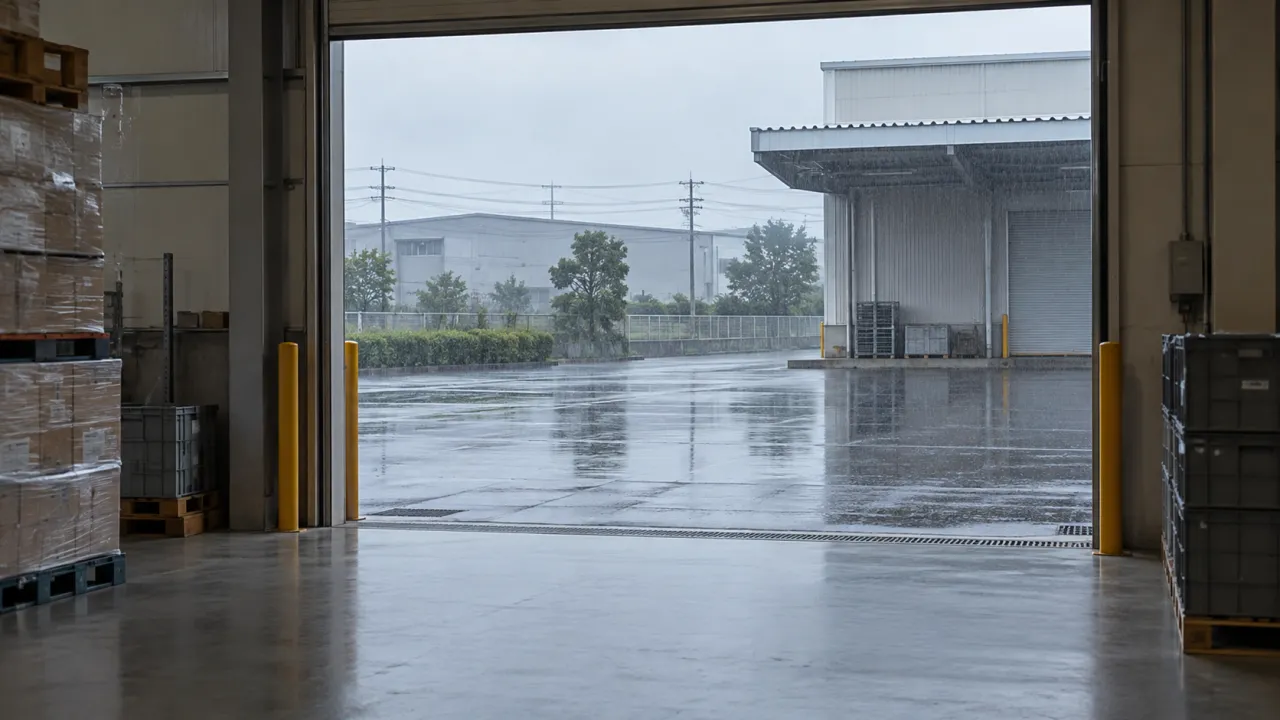 雨天の搬入口と倉庫内の保管区域（AI生成）