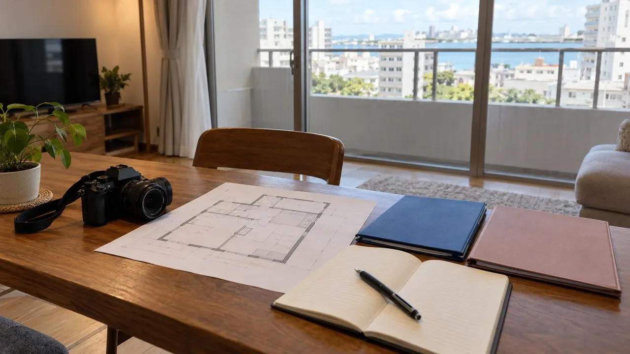 AI illustration of room photographs and a bilingual home enquiry in Naha