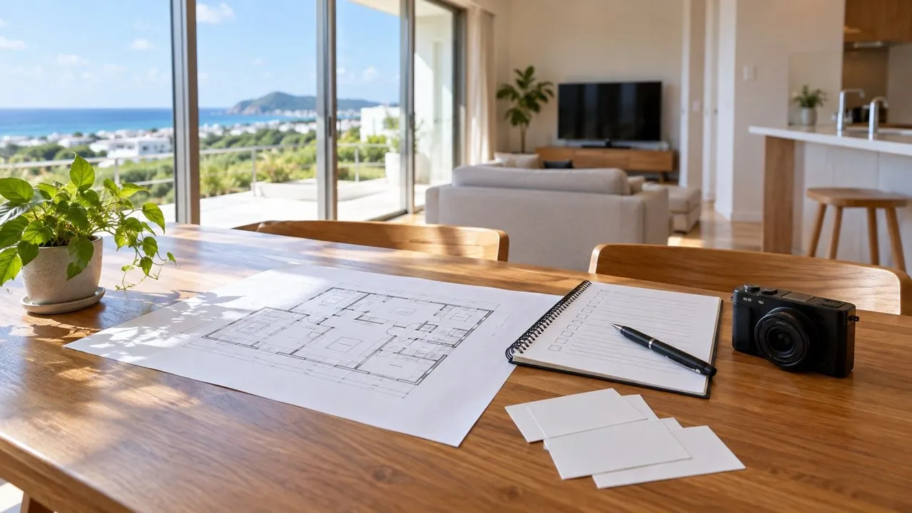 AI illustration of an independent home-inspection brief and room plan in Nanjo